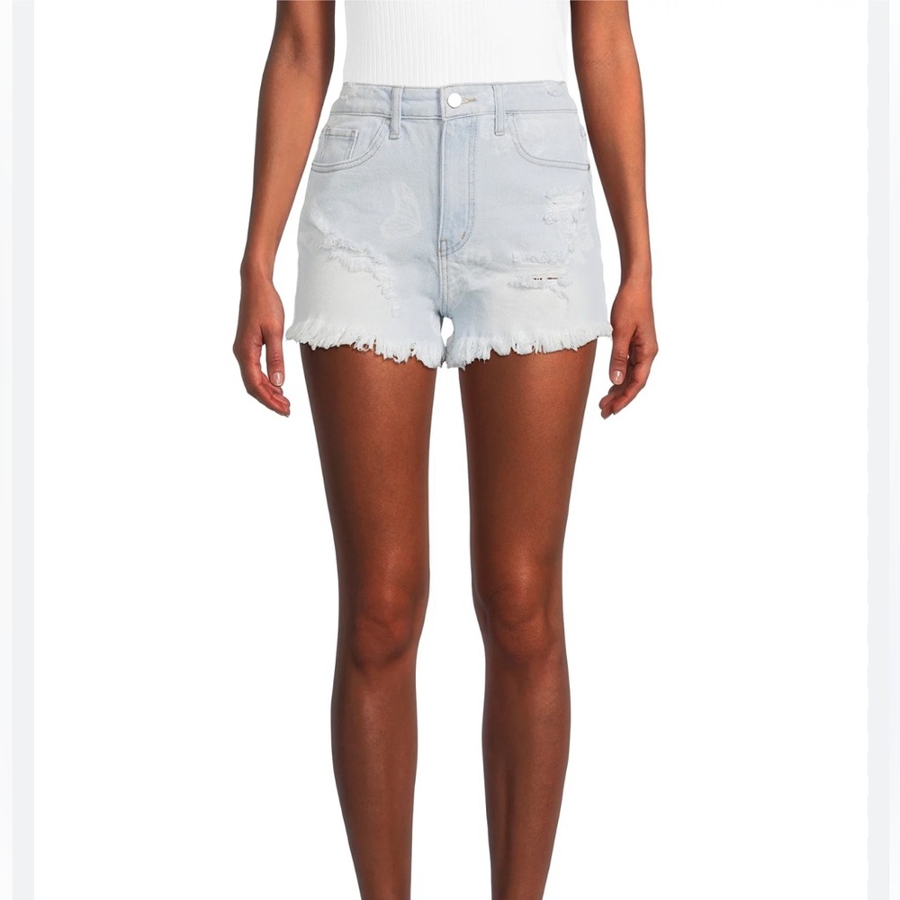 Material Girl distressed light wash denim butterfly cut off shorts. size 5
